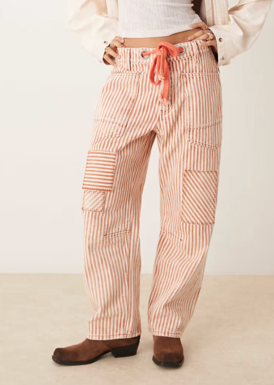 FREE PEOPLE WE THE FREE CITRUS ORANGE RAILROAD STRIPED LOW SLUNG MOXIE JEANS 31